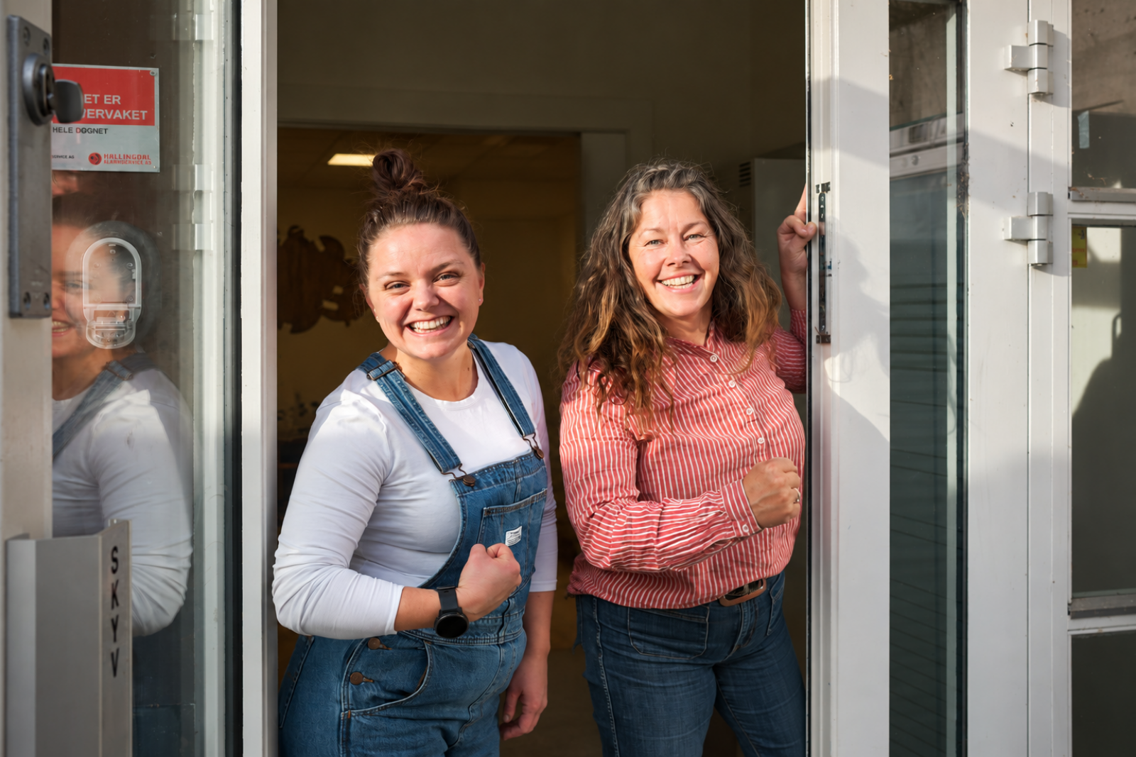 Tove og Marita står smilende i en åpen døråpning.